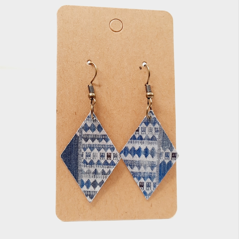 Hand Crafted Denim look paper craft diamond shape earrings